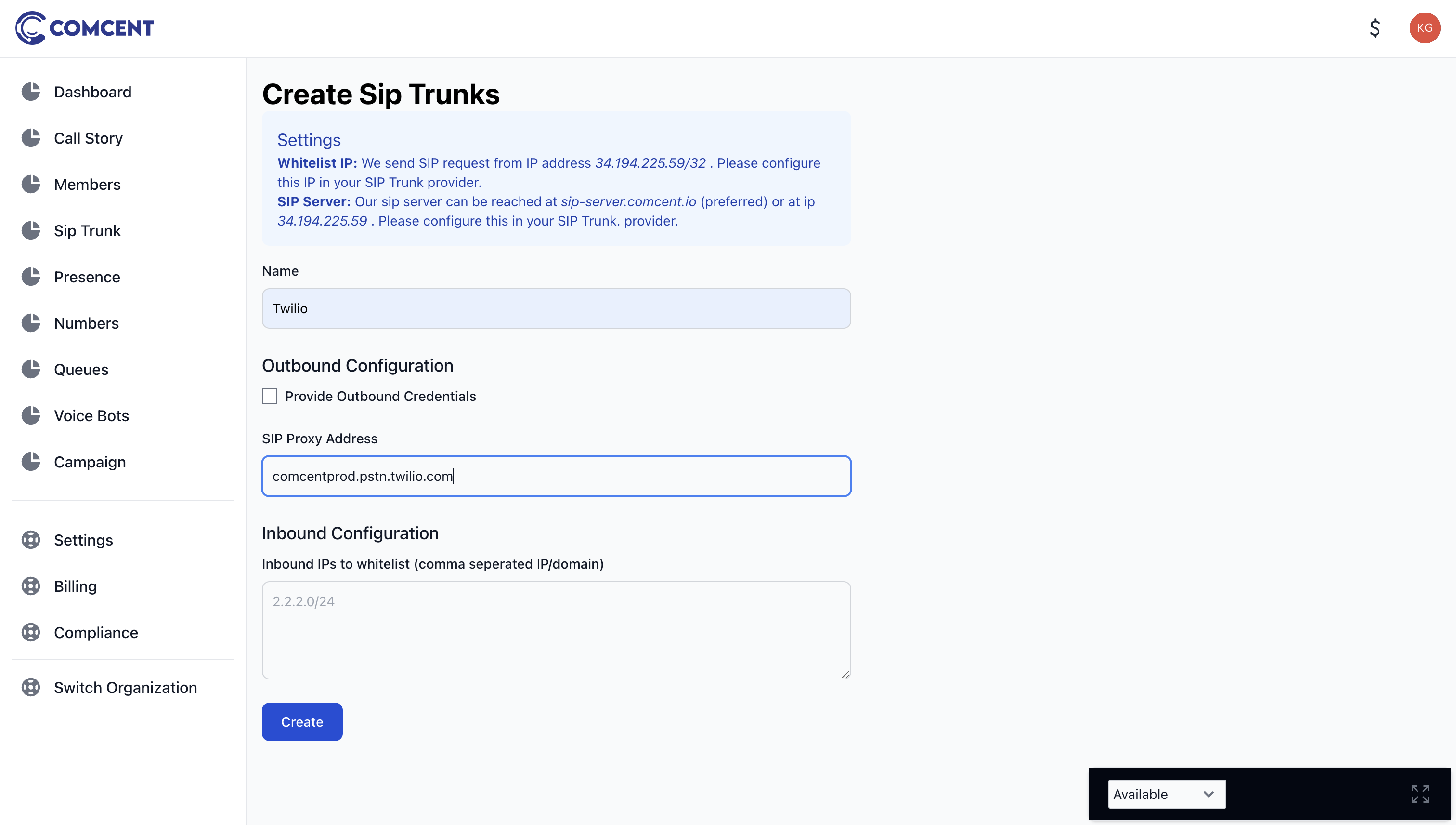 create sip trunk