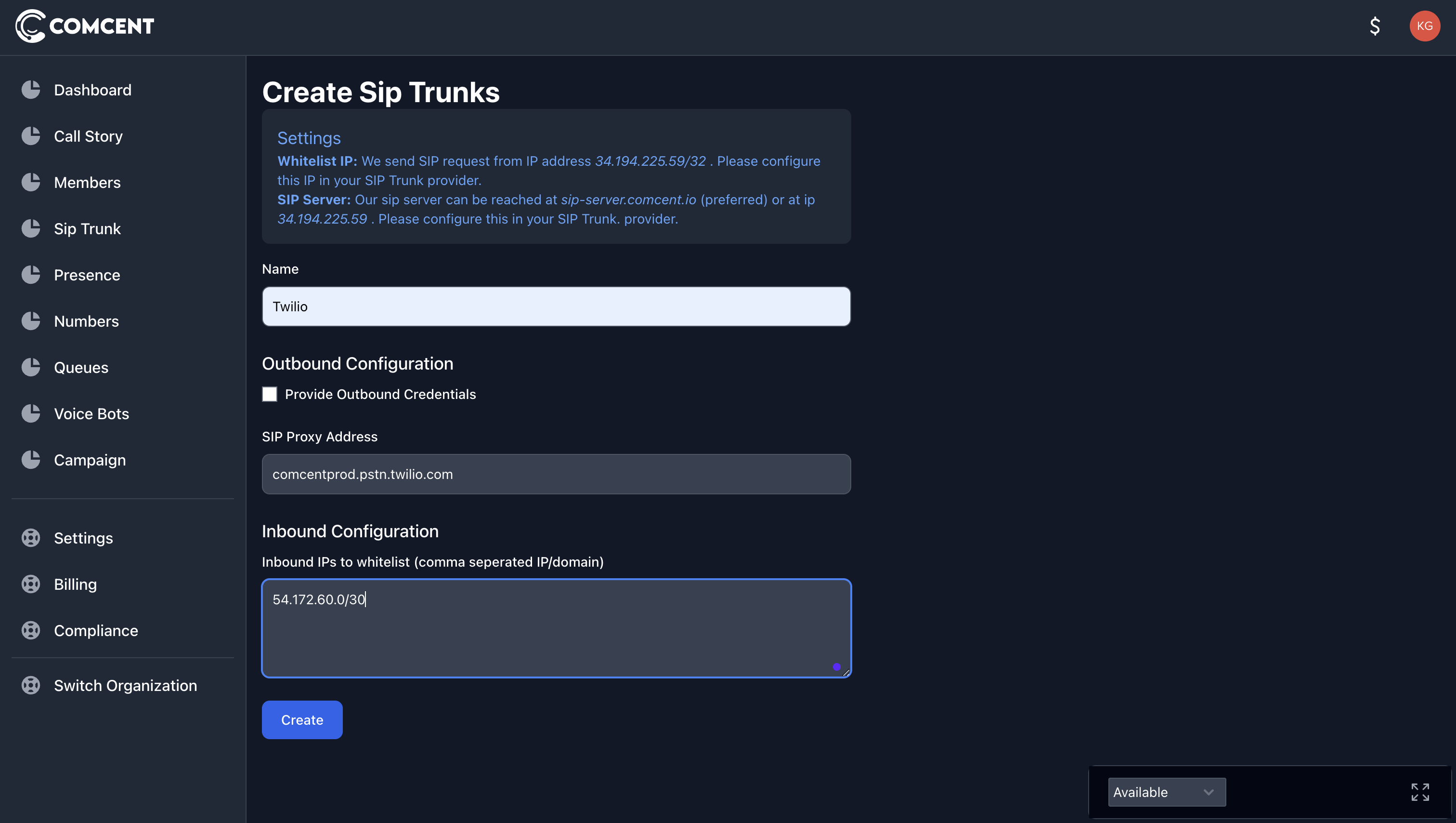 sip trunk comcent ip address