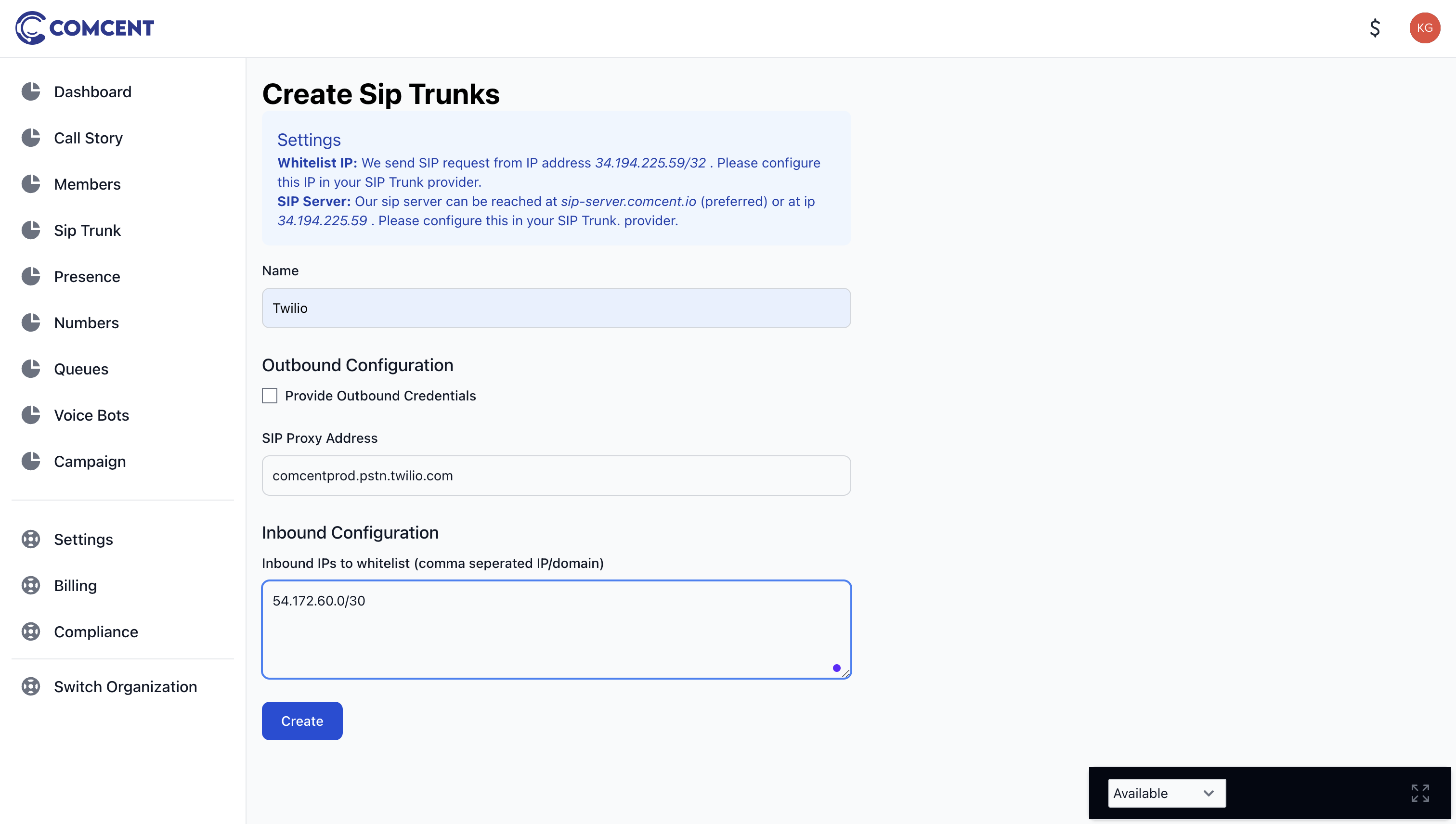 sip trunk comcent ip address