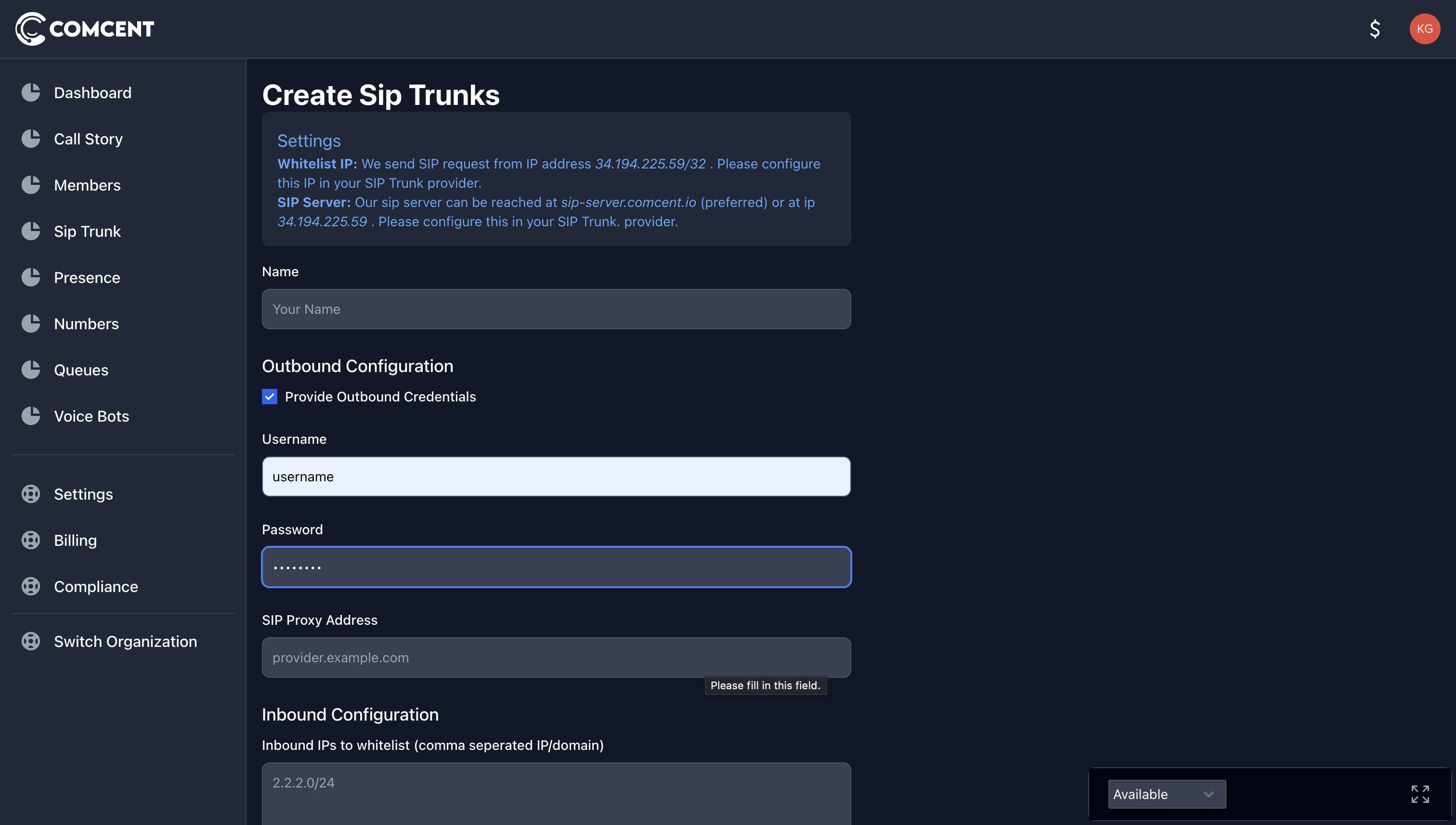 sip trunk outbound credentials